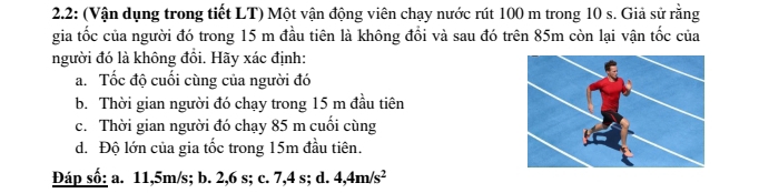 2.2: (Vận dụng trong tiết LT) Một vận động viên chạy nước rút 100 m trong 10 s. Giả sử rằng
gia tốc của người đó trong 15 m đầu tiên là không đổi và sau đó trên 85m còn lại vận tốc của
người đó là không đồi. Hãy xác định:
a. Tốc độ cuối cùng của người đó
b. Thời gian người đó chạy trong 15 m đầu tiên
c. Thời gian người đó chạy 85 m cuối cùng
d. Độ lớn của gia tốc trong 15m đầu tiên.
Đáp số: a. 11,5m/s; b. 2, 6 s; c. 7,4 s; d. 4, 4m/s^2