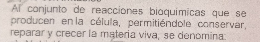 Al conjunto de reacciones bioquímicas que se 
producen en la célula, permitiéndole conservar, 
reparar y crecer la materia viva, se denomina: