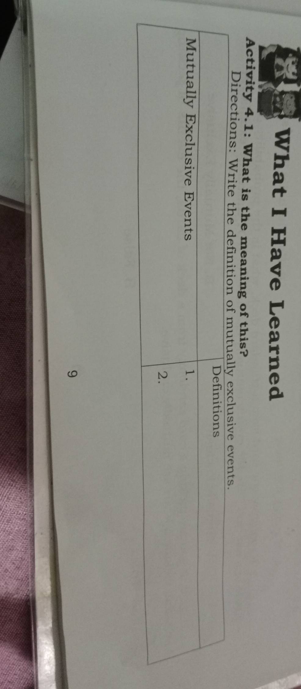 What I Have Learned 
Activity 4.1: What is the meaning of this? 
Directions: Write t 
9