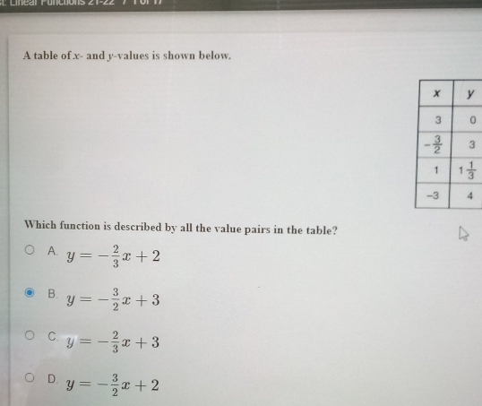 Lcmearruncoons a
A table of x - and y -values is shown below.
Which function is described by all the value pairs in the table?
A. y=- 2/3 x+2
B. y=- 3/2 x+3
C. y=- 2/3 x+3
D. y=- 3/2 x+2