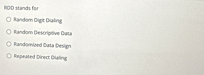 RDD stands for
Random Digit Dialing
Random Descriptive Data
Randomized Data Design
Repeated Direct Dialing