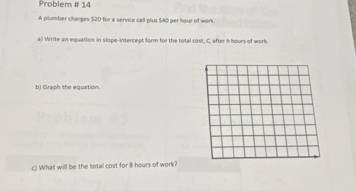 Problem # 14 
A plumber charges $20 for a service call plus $40 per hour of work. 
a) Write an equation in slope-intercept form for the total cost, C, after h hours of work. 
b) Graph the equation. 
c) What will be the total cost for 8 hours of work?