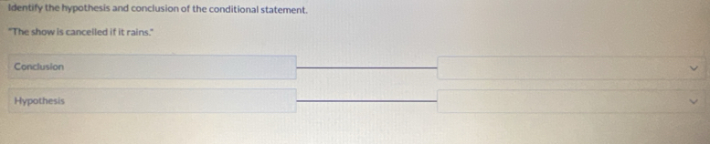 Identify the hypothesis and conclusion of the conditional statement. 
"The show is cancelled if it rains." 
Conclusion 
Hypothesis