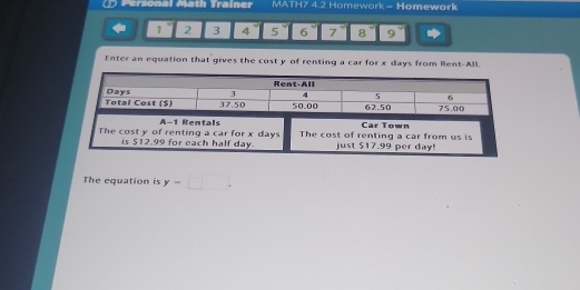 ( Personal Math Trainer MATH7 4.2 Homework - Homework 
1 2 3 4 5 6 7 8 9 
Enter an equation that gives the cost y of renting a car for x days from Rent-All. 
The equation is y=□.