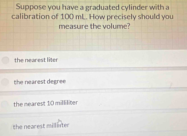 Solved: Suppose you have a graduated cylinder with a calibration of 100 ...