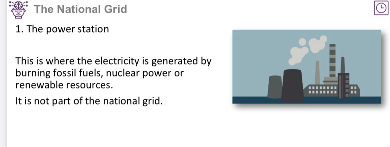 The National Grid 
1. The power station 
This is where the electricity is generated by 
burning fossil fuels, nuclear power or 
renewable resources. 
It is not part of the national grid.