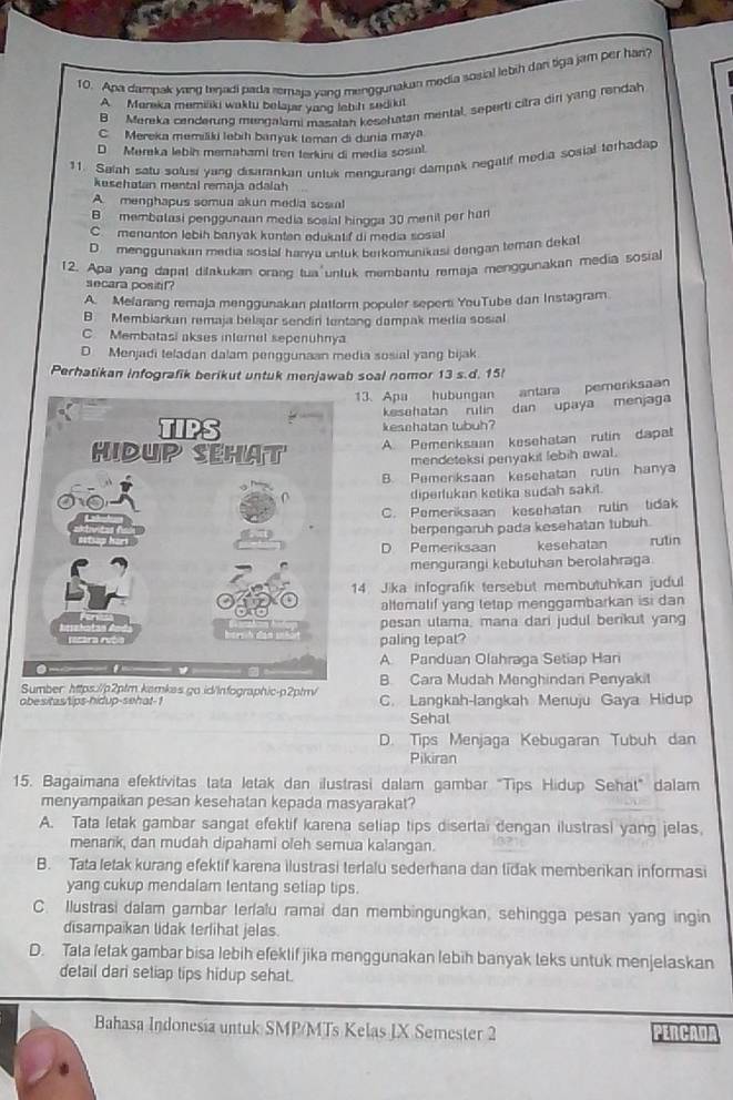 Apa dampak yang tenadi pada remaja yang menggunakan media sosial lebih dan tiga jam per har?
A Mereka memiliki waktu belajar yang lebih sedikit
B Mereka cenderung mungalami masatah kosehatan mental, seperti citra dir yang rendah
C Mereka memiliki lebih banyak taman di dunia maya
D Mereka lebin memahami tren terkini di media sosial.
11. Salah satu solusi yang disarankan untuk mengurangi dampak negalif media sosial terhada
kesehatan mental remaja adalah
A menghapus somua akun media sosial
B membatasi penggunaan media sosial hingga 30 menit per han
C. menunton lebih banyak kunten edukatif di media sosial
D menggunakan media sosial hanyu untuk berkomunikasi dengan teman dekal
12. Apa yang dapal difakukan oranq tua untuk membantu remaja menggunakan media sosia
secara positif?
A. Melarang remaja menggunakan platform populer sepert YouTube dan Instagram.
B Membiarkan remaja belajar sendiri tentang dampak media sosial
C. Membatasi akses inturnul sepenuhnya
D Menjadi teladan dalam penggunaan media sosial yang bijak
Perhatikan infografik berikut untuk menjawab soal nomor 13≤ d 15
13. Apa hubungan antara pemerksaan
kesehatan rulin dan upaya menjaga
kesehatan tubuh?
A. Pemenksaan kesehatan rutin dapat
mendeteksi penyakit lebih awal .
B. Pemerksaan kesehatan rulin hanya
diperlukan ketika sudah sakit.
C. Pemeriksaan kesehatan rulin tidak
berpengaruh pada kesehatan tubuh
D Pemeriksaan kesehatan rutin
mengurangi kebutuhan berolahraga
14 Jika infografik tersebut membutuhkan judul
altemalif yang tetap menggambarkan isi dan
pesan ulama, mana dari judul berikut yang
paling tepat?
A Panduan Olahraga Setiap Hari
go.id/infographic-p2ptm/B. Cara Mudah Menghindari Penyakit
obesitastips-hidup-sehat-! C. Langkah-langkah Menuju Gaya Hidup
Sehal
D. Tips Menjaga Kebugaran Tubuh dan
Pikiran
15. Bagaimana efektivitas tata letak dan ilustrasi dalam gambar "Tips Hidup Sehat" dalam
menyampaikan pesan kesehatan kepada masyarakat?
A. Tata letak gambar sangat efektif karena seliap tips disertai dengan ilustrasi yang jelas,
menarik, dan mudah dipahami oleh semua kalangan.
B. Tata letak kurang efektif karena ilustrasi terlalu sederhana dan tidak memberikan informasi
yang cukup mendalam tentang setiap tips.
C. Ilustrasi dalam gambar terfalu ramai dan membingungkan, sehingga pesan yang ingin
disampaikan lidak terlihat jelas.
D. Tala fetak gambar bisa lebih efeklif jika menggunakan lebih banyak leks untuk menjelaskan
detail dari setiap tips hidup sehat.
Bahasa Indonesia untuk SMP/MTs Kelas JX Semester 2 PERCAUA