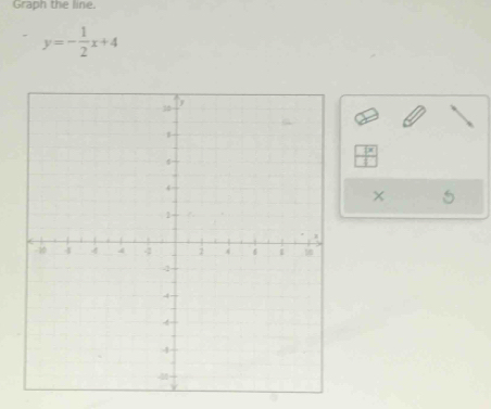 Graph the line.
y=- 1/2 x+4
×