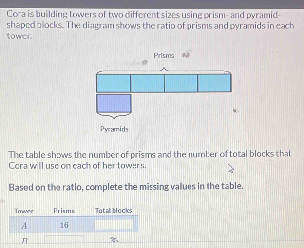 Solved: Cora is building towers of two different sizes using prism- and ...