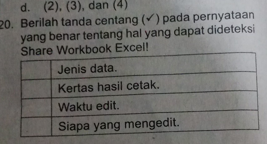 d. (2), (3), dan (4)
20. Berilah tanda centang (✔) pada pernyataan
yang benar tentang hal yang dapat dideteksi
ook Excel!