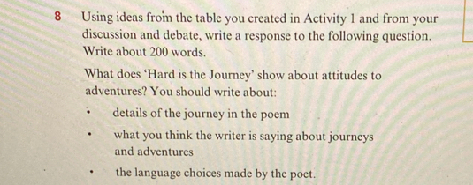 Using ideas from the table you created in Activity 1 and from your
discussion and debate, write a response to the following question.
Write about 200 words.
What does ‘Hard is the Journey’ show about attitudes to
adventures? You should write about:
details of the journey in the poem
what you think the writer is saying about journeys
and adventures
the language choices made by the poet.