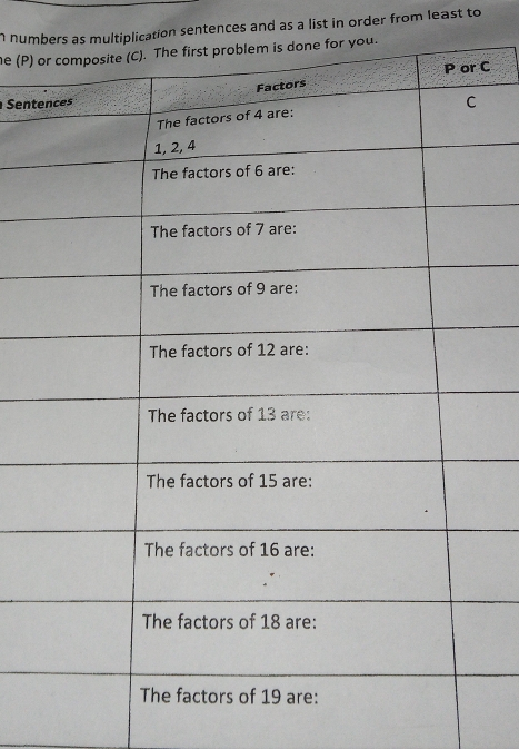 numultiplication sentences and as a list in order from least to 
e (P) 
C 
Sent