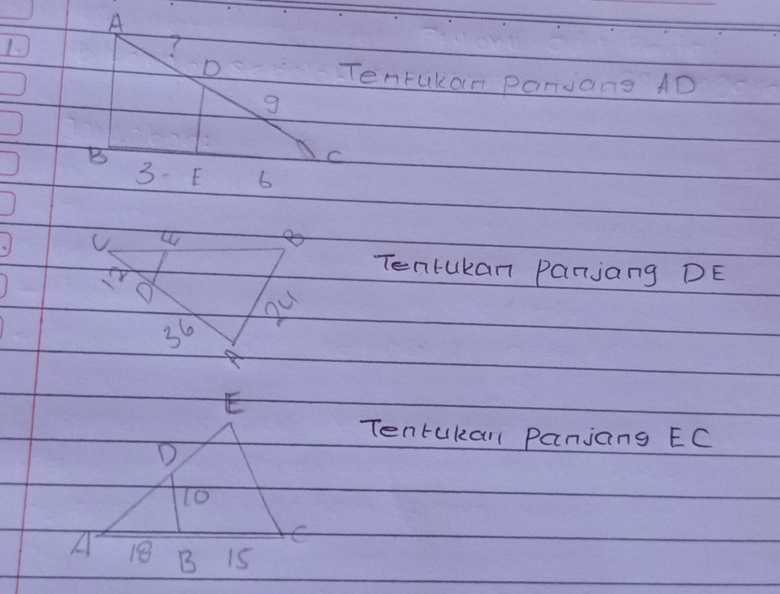 Tenrukan Panjang AD
Tentukan Panjang DE
Tentukan Panjang EC