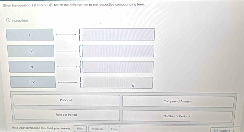 Given the equation, FV=PV(1+I)^N , Match the abbreviation to the respective compounding term.
D Instructions
1
FV
N
PV
Principal Compound Amount
Rate per Period Number of Periods
Rate your confidence to submit your answer. High Medium Low [T] Reading