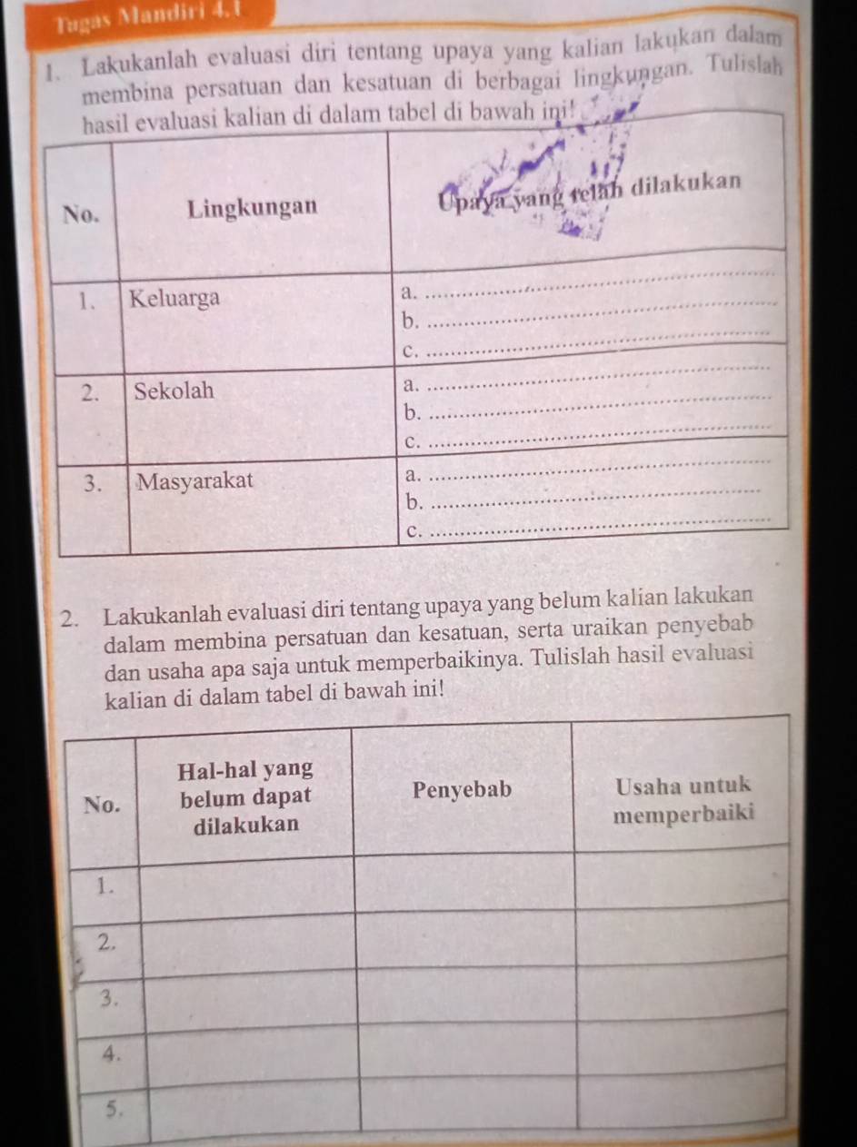 Tugas Mandiri 4. 1 
1. Lakukanlah evaluasi diri tentang upaya yang kalian lakukan dalam 
ina persatuan dan kesatuan di berbagai lingkuṇgan. Tulislaḥ 
2. Lakukanlah evaluasi diri tentang upaya yang belum kalian lakukan 
dalam membina persatuan dan kesatuan, serta uraikan penyebab 
dan usaha apa saja untuk memperbaikinya. Tulislah hasil evaluasi 
di dalam tabel di bawah ini!