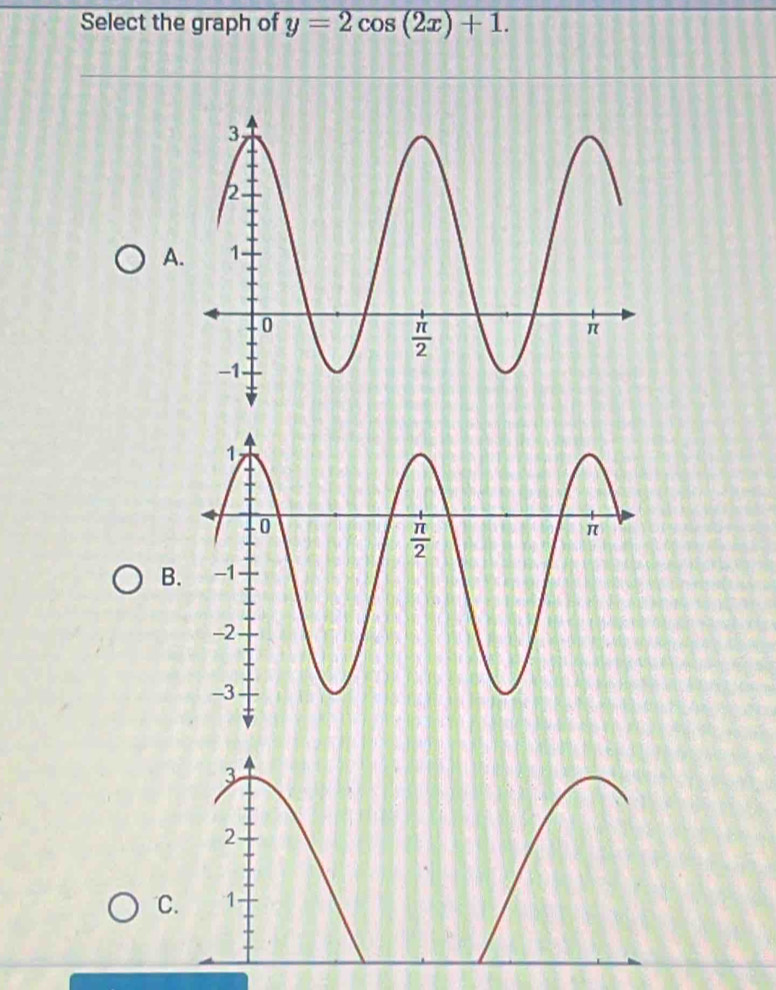 Select the graph of y=2cos (2x)+1.
A
B.
C.