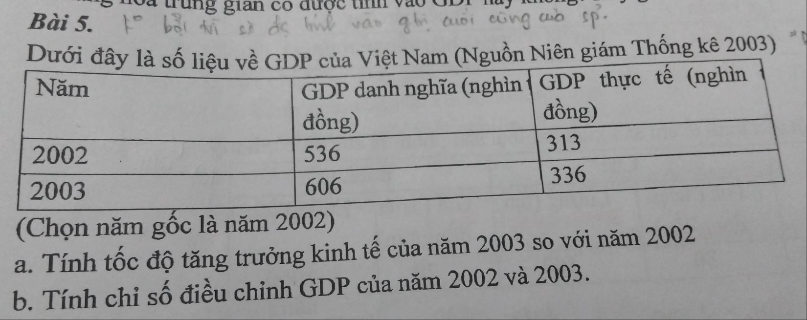 Loa trung gian có được tính vào GDI nay 
Bài 5. 
DướiNguồn Niên giám Thống kê 2003) 
(Chọn năm gốc là năm 2002) 
a. Tính tốc độ tăng trưởng kinh tế của năm 2003 so với năm 2002
b. Tính chỉ số điều chỉnh GDP của năm 2002 và 2003.