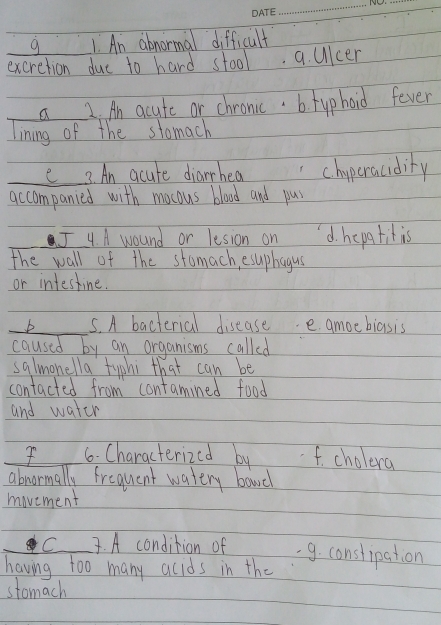 An abnormal difficult
excretion due to hard stool q. Ulcer
a 2. An acute or chronicb. typhoid fever
lining of the stomach
e 3. An acure diarrhea chipcracdity
accompanied with mocous blood and pus
J 4. A wound or lesion on 'd. hepatitis
The wall of the stomach, esuphagus
or intestine.
b S. A bacterial disease e amoebiasis
caused by an organisms called
salmonella typhi that can be
contacted from contamined food
and watcr
I 6. Characterized by f. cholera
abnormally frequent watery bawd
movement
C 3. A condition of 9. constipation
having too many acids in the
stomach