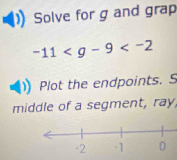 Solve for g and grap
-11
Plot the endpoints. S 
middle of a segment, ray,