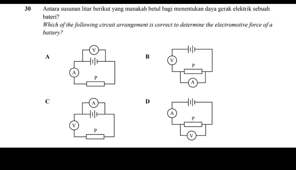 Antara susunan litar berikut yang manakah betul bagi menentukan daya gerak elektrik sebuah
bateri?
Which of the following circuit arrangement is correct to determine the electromotive force of a
battery?
A
B 
C
D