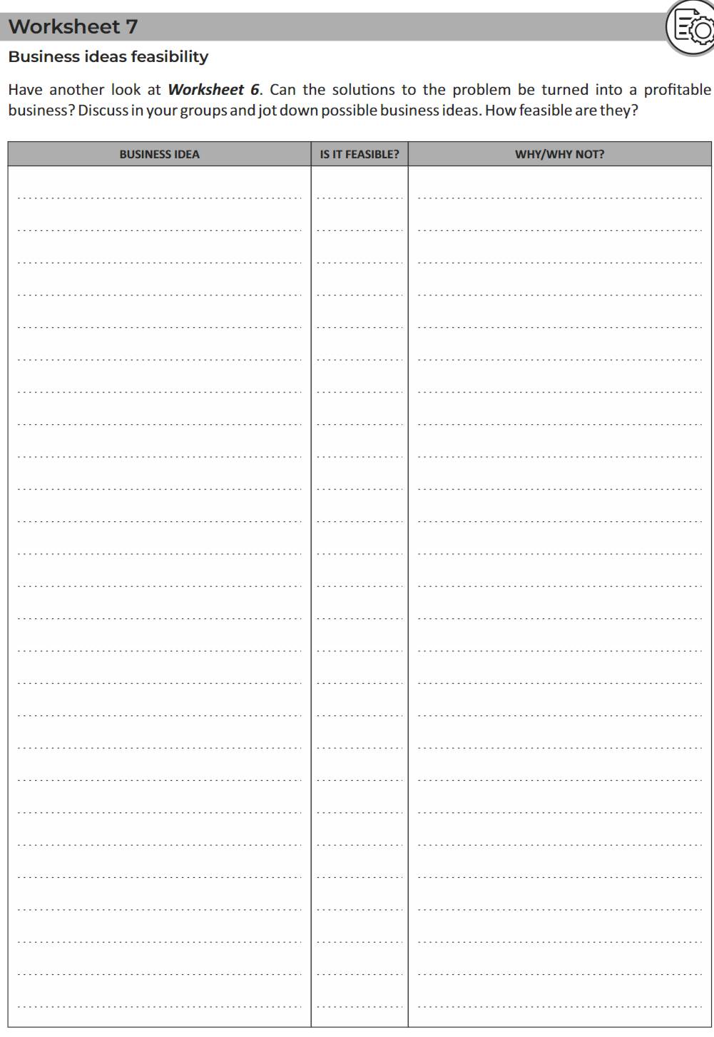 Worksheet 7 
Business ideas feasibility 
Have another look at Worksheet 6. Can the solutions to the problem be turned into a profitable 
busin 
_ 
_