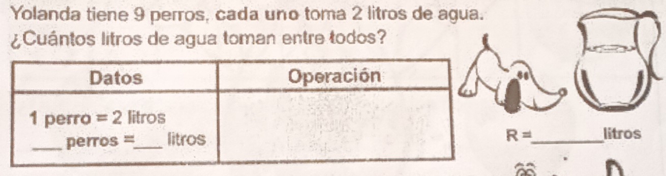 Yolanda tiene 9 perros, cada uno toma 2 litros de agua.
¿Cuántos litros de agua toman entre todos?
litros