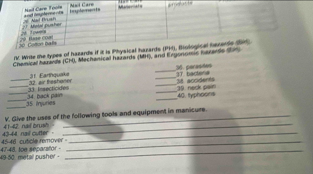 Nail Care Tools Nail Care Materials products 
26 Nail Brush and implements Implements 
27 Metal pusher 
28 Towels 
29. Base coat 
30 Cofton balls 
IV. Write the types of hazards if it is Physical hazards (PH), Biological hazarts t9r 
Chemical hazards (CH), Mechanical hazards (MH), and Ergonomic hazards t 
31. Earthquake _26. parasñes 
32 air freshener _37. bactera 
_33. Insecticides _38 accidents 
_ 
_34. back pain __39. neck pain 
40. typhoons 
_ 
35 Injuries 
V. Give the uses of the following tools and equipment in manicure. 
41-42. nail brush - 
43- 44 nail cutter -_ 
_ 
45- 46 cuticle remover -_ 
47-48, toe separator -_ 
49- 50 metal pusher -