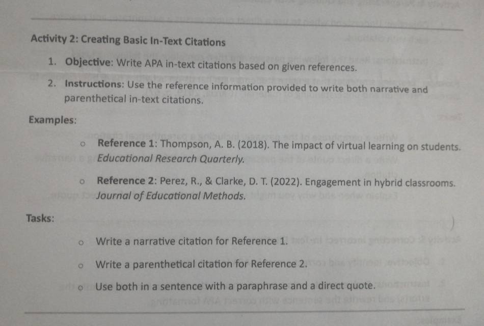 Solved: Activity 2: Creating Basic In-Text Citations 1. Objective ...