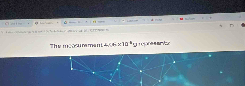 Dxitauath 
Uret 1 4m Enter nickn = Home Portal 
kahdot.it/chailange/a48e045f-0b7e-4c6f-ba61-a049a917d195_172830782897B 
The measurement 4.06* 10^(-5)g represents: