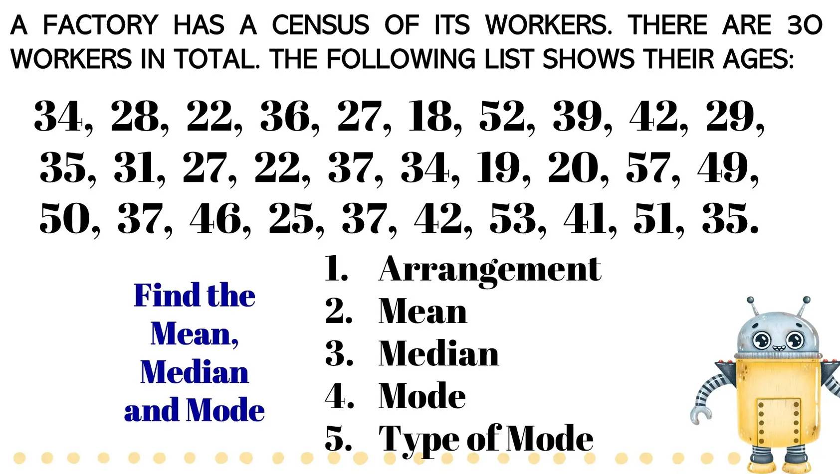 A FACTORY HAS A CENSUS OF ITS WORKERS. THERE ARE 3O
WORKERS IN TOTAL. THE FOLLOWING LIST SHOWS THEIR AGES:
34, 28, 22, 36, 27, 18, 52, 39, 42, 29,
35, 31, 27, 22, 37, 34, 19, 20, 57, 49,
50, 37, 46, 25, 37, 42, 53, 41, 51, 35. 
1. Arrangement 
Find the 
2. Mean 
Mean, 
3. Median 
Median 
and Mode 
4. Mode 
5. Type of Mode