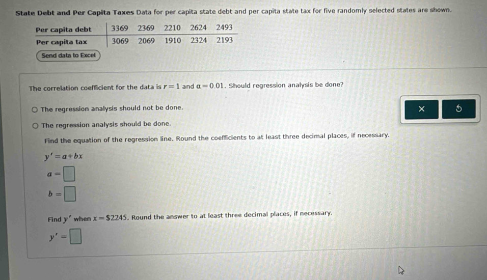 State Debt and Per Capita Taxes Data for per capita state debt and per capita state tax for five randomly selected states are shown.
Send data to Excel
The correlation coefficient for the data is r=1 and alpha =0.01. Should regression analysis be done?
The regression analysis should not be done.
× 5
The regression analysis should be done.
Find the equation of the regression line. Round the coefficients to at least three decimal places, if necessary.
y'=a+bx
a=□
b=□
Find y' when x=$2245. Round the answer to at least three decimal places, if necessary.
y'=□