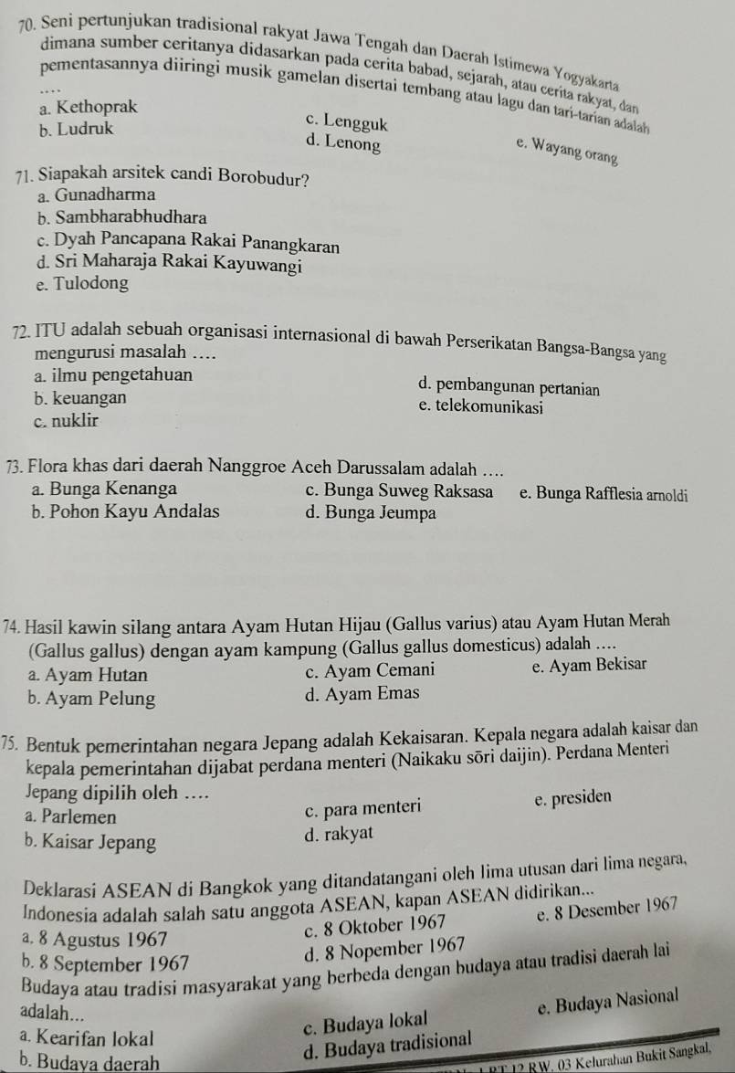 Seni pertunjukan tradisional rakyat Jawa Tengah dan Daerah Istimewa Yogyakarta
dimana sumber ceritanya didasarkan pada cerita babad, sejarah, atau cerita rakyat, dan
pementasannya diiringi musik gamelan disertai tembang atau lagu dan tarí-tarian adalah
a. Kethoprak
b. Ludruk
c. Lengguk
d. Lenong
e. Wayang orang
71. Siapakah arsitek candi Borobudur?
a. Gunadharma
b. Sambharabhudhara
c. Dyah Pancapana Rakai Panangkaran
d. Sri Maharaja Rakai Kayuwangi
e. Tulodong
72. ITU adalah sebuah organisasi internasional di bawah Perserikatan Bangsa-Bangsa yang
mengurusi masalah ....
a. ilmu pengetahuan d. pembangunan pertanian
b. keuangan e. telekomunikasi
c. nuklir
73. Flora khas dari daerah Nanggroe Aceh Darussalam adalah ….
a. Bunga Kenanga c. Bunga Suweg Raksasa e. Bunga Rafflesia arnoldi
b. Pohon Kayu Andalas d. Bunga Jeumpa
74. Hasil kawin silang antara Ayam Hutan Hijau (Gallus varius) atau Ayam Hutan Merah
(Gallus gallus) dengan ayam kampung (Gallus gallus domesticus) adalah ....
a. Ayam Hutan c. Ayam Cemani e. Ayam Bekisar
b. Ayam Pelung d. Ayam Emas
75. Bentuk pemerintahan negara Jepang adalah Kekaisaran. Kepala negara adalah kaisar dan
kepala pemerintahan dijabat perdana menteri (Naikaku sōri daijin). Perdana Menteri
Jepang dipilih oleh …
a. Parlemen
c. para menteri e. presiden
b. Kaisar Jepang
d. rakyat
Deklarasi ASEAN di Bangkok yang ditandatangani oleh lima utusan dari lima negara,
Indonesia adalah salah satu anggota ASEAN, kapan ASEAN didirikan...
a. 8 Agustus 1967
c. 8 Oktober 1967 e. 8 Desember 1967
b. 8 September 1967
d. 8 Nopember 1967
Budaya atau tradisi masyarakat yang berbeda dengan budaya atau tradisi daerah lai
c. Budaya lokal e. Budaya Nasional
adalah...
a. Kearifan lokal
b. Budaya daerah
d. Budaya tradisional
RT 12 RW, 03 Kelurahan Bukit Sängkal,