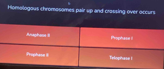 Homologous chromosomes pair up and crossing over occurs
Anaphase II Prophase I
Prophase II Telophase I