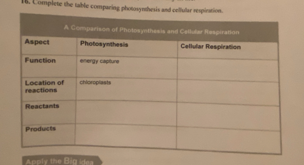 Complete the table comparing photosynthe 
Apply the Big idea