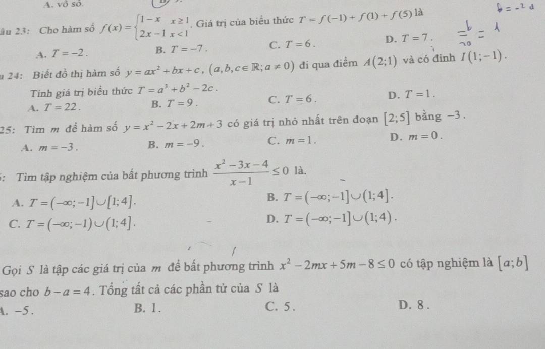 A. vô số
âu 23: Cho hàm số f(x)=beginarrayl 1-xx≥ 1 2x-1x<1endarray.. Giá trị của biều thức T=f(-1)+f(1)+f(5) là
C. T=6.
D. T=7. 
A. T=-2.
B. T=-7. 
u 24: Biết đồ thị hàm số y=ax^2+bx+c, (a,b,c∈ R; a!= 0) đi qua điểm A(2;1) và có đinh I(1;-1). 
Tính giá trị biểu thức T=a^3+b^2-2c.
A. T=22. B. T=9. C. T=6. D. T=1. 
25: Tìm m để hàm số y=x^2-2x+2m+3 có giá trị nhỏ nhất trên đoạn [2;5] bàng -3.
D. m=0.
A. m=-3.
B. m=-9.
C. m=1. 
5: Tìm tập nghiệm của bất phương trình  (x^2-3x-4)/x-1 ≤ 0 là.
A. T=(-∈fty ;-1]∪ [1;4].
B. T=(-∈fty ;-1]∪ (1;4].
C. T=(-∈fty ;-1)∪ (1;4].
D. T=(-∈fty ;-1]∪ (1;4). 
Gọi S là tập các giá trị của m để bất phương trình x^2-2mx+5m-8≤ 0 có tập nghiệm là [a;b]
sao cho b-a=4. Tổng tất cả các phần tử của S là
A. -5. B. 1. C. 5 . D. 8 .