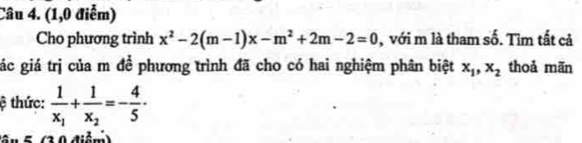 (1,0 điểm)
Cho phương trình x^2-2(m-1)x-m^2+2m-2=0 , với m là tham số. Tìm tất cả
gác giá trị của m để phương trình đã cho có hai nghiệm phân biệt x_1, x_2 thoả mãn
ệ thức: frac 1x_1+frac 1x_2=- 4/5 ·