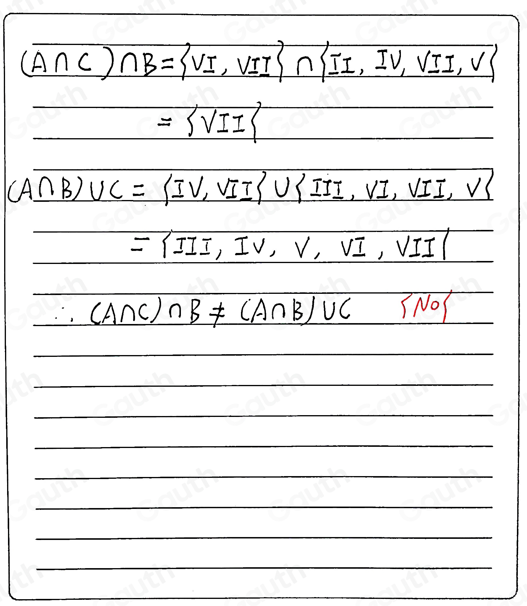 Solved: Use the Venn diagram below to determine if (A∩ C)∩ B=(A∩ B)∪ C ...