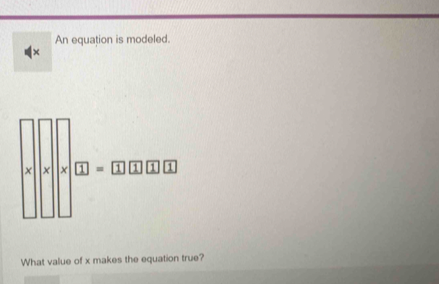 An equation is modeled. 
× 
What value of x makes the equation true?