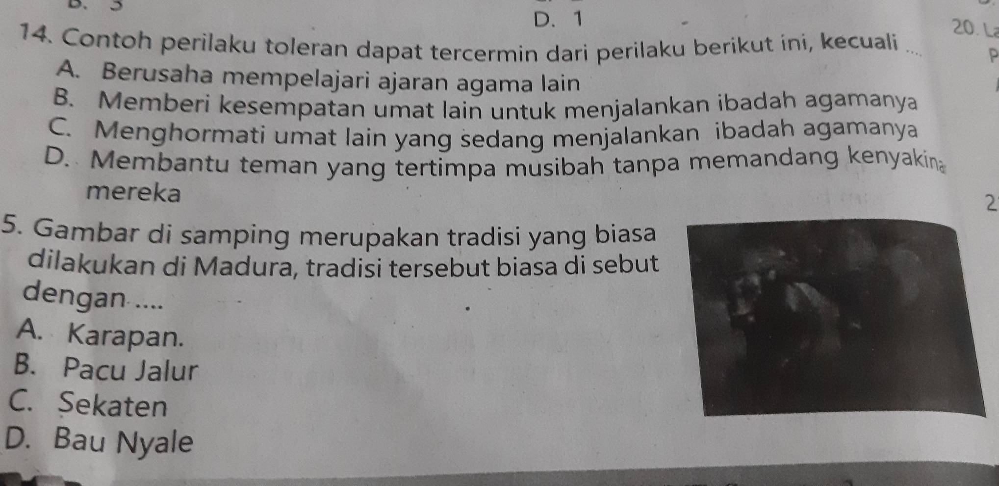 D. 1
20. La
14. Contoh perilaku toleran dapat tercermin dari perilaku berikut ini, kecuali_
P
A. Berusaha mempelajari ajaran agama lain
B. Memberi kesempatan umat lain untuk menjalankan ibadah agamanya
C. Menghormati umat lain yang sedang menjalankan ibadah agamanya
D. Membantu teman yang tertimpa musibah tanpa memandang kenyakina
mereka
2
5. Gambar di samping merupakan tradisi yang biasa
dilakukan di Madura, tradisi tersebut biasa di sebut
dengan ....
A. Karapan.
B. Pacu Jalur
C. Sekaten
D. Bau Nyale