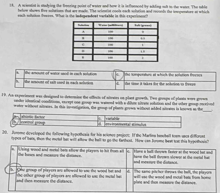 A scientist is studying the freezing point of water and how it is influenced by adding salt to the water. The table
below shows five solutions that are made. The scientist cools each solution and records the temperature at which
each solution freezes. What is the independent variable in this experiment?
a. the amount of water used in each solution C the temperature at which the solution freezes
b. the amount of salt used in each solution d. the time it takes for the solution to freeze 
19. An experiment was designed to determine the effects of nitrates on plant growth. Two groups of plants were grown
under identical conditions, except one group was watered with a dilute nitrate solution and the other group received
water without nitrates. In this investigation, the group of plants grown without added nitrates is known as the_ .
20. Jerome developed the following hypothesis for his seience project; If the Marlins baseball team uses different
types of bats, then the metal bat will allow the ball to go the farthest. How can Jerome best test this hypothesis?