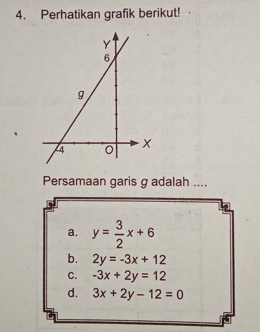 Perhatikan grafik berikut!
Persamaan garis g adalah ....