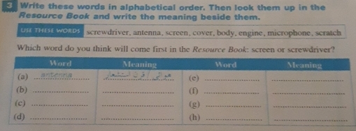 Write these words in alphabetical order. Then look them up in the 
Resource Book and write the meaning beside them. 
USE THESE WORDS screwdriver, antenna, screen, cover, body, engine, microphone, scratch 
Which word do you think will come first in the Resource Book: screen or screwdriver?