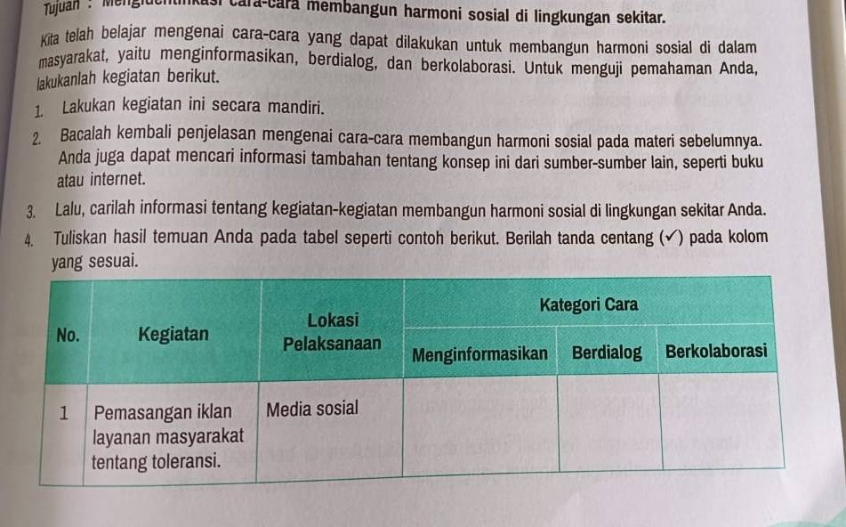 Tujuan ! Mengluchtinkasi cara-cara membangun harmoni sosial di lingkungan sekitar. 
Kita telah belajar mengenai cara-cara yang dapat dilakukan untuk membangun harmoni sosial di dalam 
masyarakat, yaitu menginformasikan, berdialog, dan berkolaborasi. Untuk menguji pemahaman Anda, 
lakukanlah kegiatan berikut. 
1. Lakukan kegiatan ini secara mandiri. 
2 Bacalah kembali penjelasan mengenai cara-cara membangun harmoni sosial pada materi sebelumnya. 
Anda juga dapat mencari informasi tambahan tentang konsep ini dari sumber-sumber lain, seperti buku 
atau internet. 
3. Lalu, carilah informasi tentang kegiatan-kegiatan membangun harmoni sosial di lingkungan sekitar Anda. 
4. Tuliskan hasil temuan Anda pada tabel seperti contoh berikut. Berilah tanda centang (✔) pada kolom 
yang sesuai.