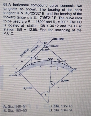 Solved: A horizontal compound curve connects two tangents as shown. The ...