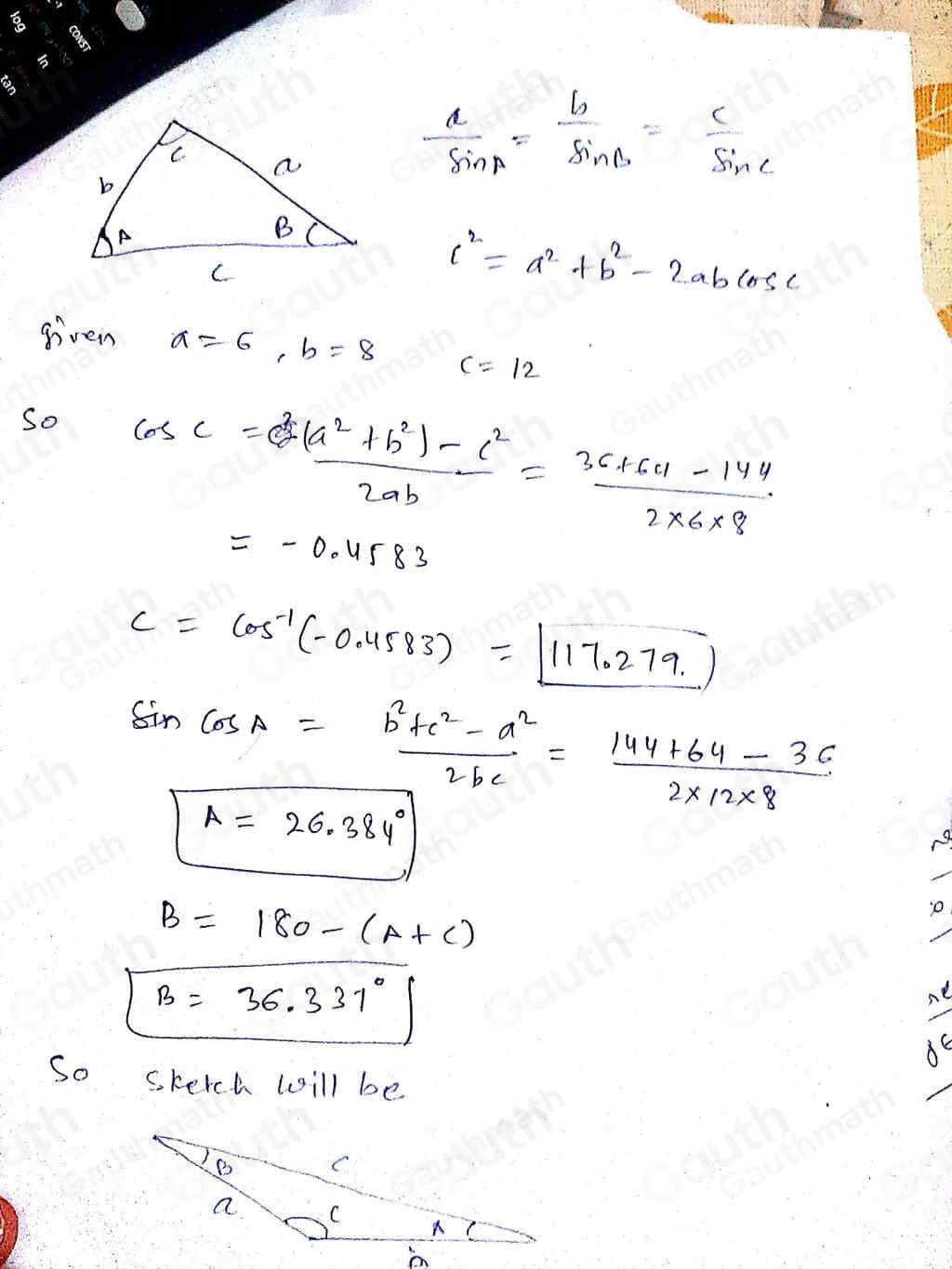 Solved: Solve the triangle given the following. Provide a drawing of ...