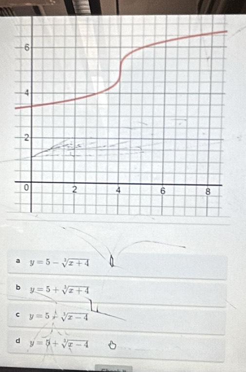 a y=5-sqrt[3](x+4)
b y=5+sqrt[3](x+4)
c y=5+sqrt[3](x-4)
d y=5+sqrt[3](x-4)
~