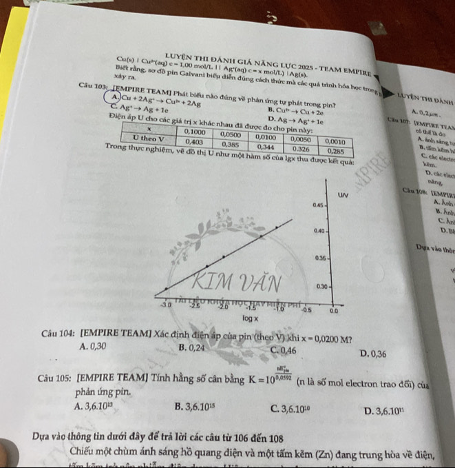 Luyện THI ĐÁnH Giá năng Lực 2025 - TEAM EmPire
xây ra. Cu(s)|Cu^(2-)(aq)e=1,00mol/LIAg^-(aq)c=xmol/L)|Ag(s),
Biết rằng, sơ đồ pin Galvani biểu diễn đúng cách thức mà các quá trình hóa học trong Luyện thi đánh
A. Cu+2Ag^+to Cu^(3+)+2Ag
C Ag^+to Ag+1e
Câu 103:  [EMPIRE TEAM] Phát biểu nào đúng về phản ứng tự phát trong pìn? B. Cu^Nto Cu+2e Cầu 107: [EMPIRE TEA3 có thể là đo
A. 0,2μm.
D. 
Điện áp U cho các g B. tấm kếm hì C. các electre
A ảnh sáng tự
của lgx thu được kết quả: kim nàng
D. các elact
un
Câu 108: [EMPIR]
0.45
A. Aein
B. Ảnh
C. An
0.40 - D. B
Dựa vào thôi
0.36
0.30
-3 0 36 -26 10 -0.5 0o
log x
Câu 104: [EMPIRE TEAM] Xác định điện áp của pin (theo V) khi x=0,0200M
A. 0,30 B. 0,24 C. 0,46 D. 0,36
Câu 105: [EMPIRE TEAM] Tính hằng số cân bằng K=10^((frac nE_pa)°)0.0592 (n là of mol electron trao đối) của
phản ứng pin.
A. 3,6.10^(13) B. 3,6.10^(15) C. 3,6.10^(10) D. 3,6.10^(11)
Dựa vào thông tin dưới đây để trả lời các câu từ 106 đến 108
Chiếu một chùm ánh sáng hồ quang điện và một tấm kẽm (Zn) đang trung hòa về điện,