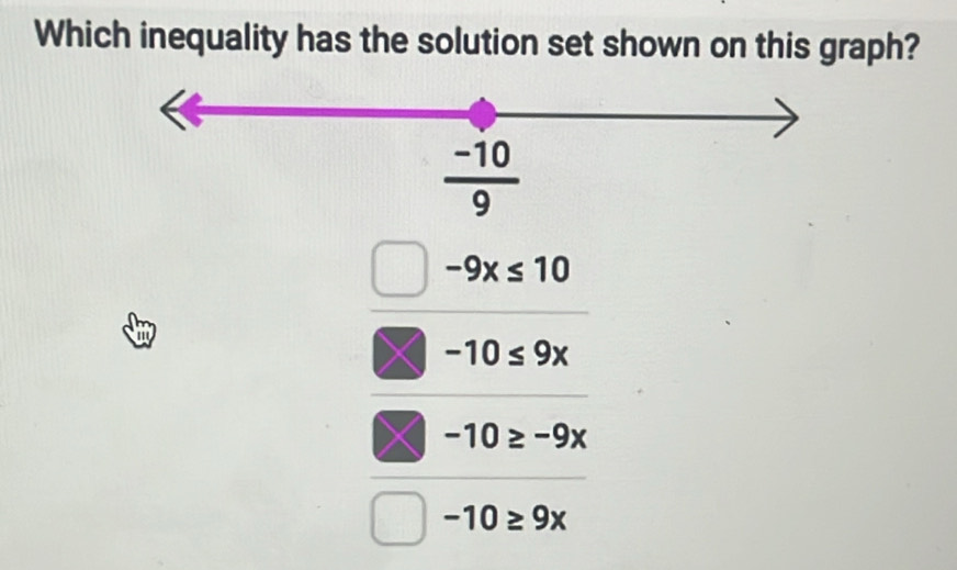 Which inequality has the solution set shown on this graph?
 (-10)/9 
-9x≤ 10
-10≤ 9x
-10≥ -9x
-10≥ 9x
_ 