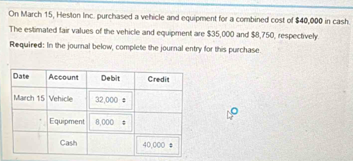 On March 15, Heston Inc. purchased a vehicle and equipment for a combined cost of $40,000 in cash.
The estimated fair values of the vehicle and equipment are $35,000 and $8,750, respectively.
Required: In the journal below, complete the journal entry for this purchase.