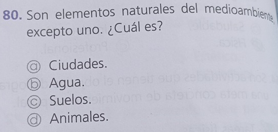 Son elementos naturales del medioambiente
excepto uno. ¿Cuál es?
a) Ciudades.
ⓑ Agua.
Suelos.
Animales.